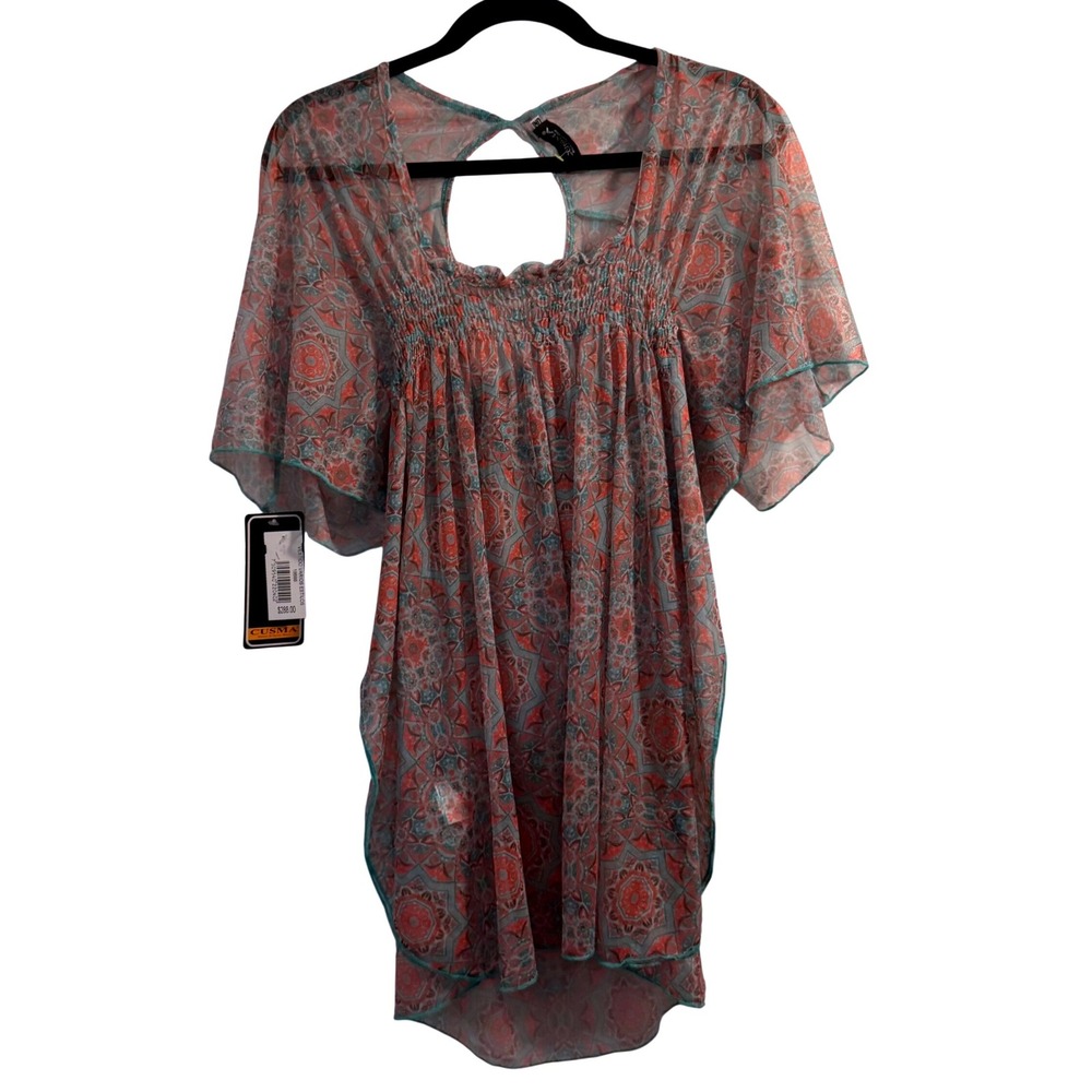 Cusma Mesh Beach Cover Up Teal Coral One Size Boho Dolman Sleeve Vacation Wear
